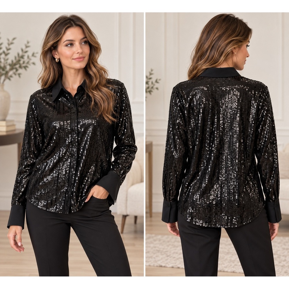 Future Collective Kahlana Barfield Black Sequin Button Down Shirt Medium NWOT